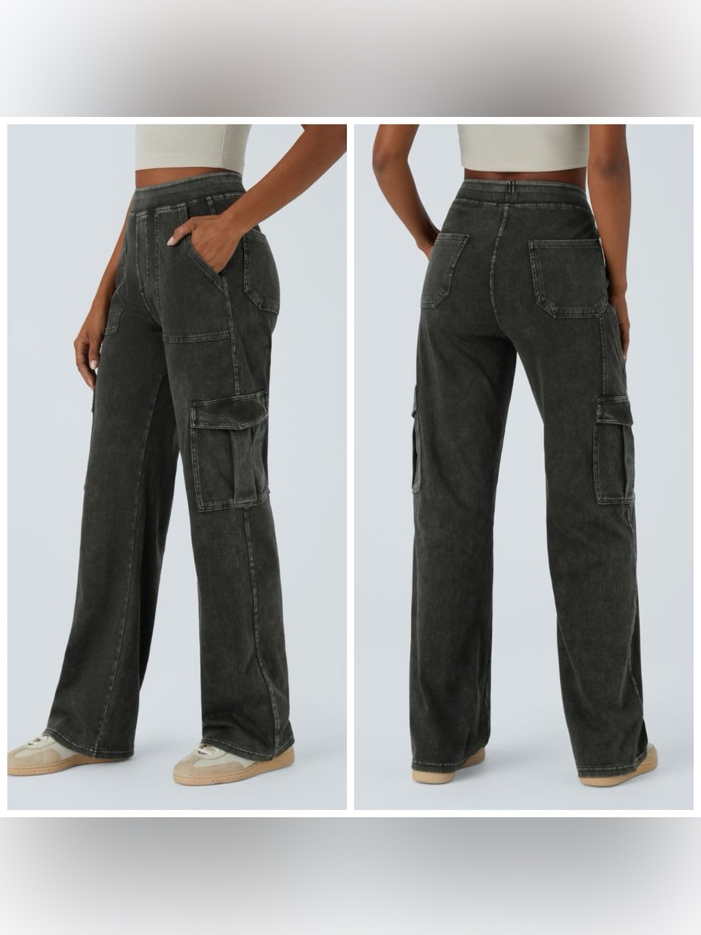 Halara Flex Mid Rise Pockets Straight Leg Cargo Jeans Hemp Rope Black Stretch S